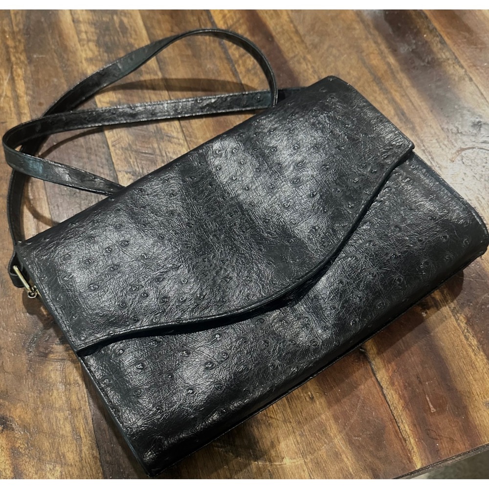 Vintage Bueno Black Ostrich Embossed Leather Crossbody Bag Envelope Flap